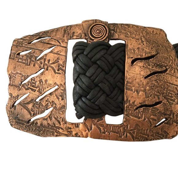 Vintage Black Braided Belt Copper Concho Statement Buckle Adjustable One Size